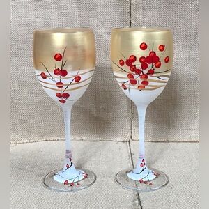 Winter Berry Wine Glass Set Hand Painted Signed Art Christmas Holiday Nature